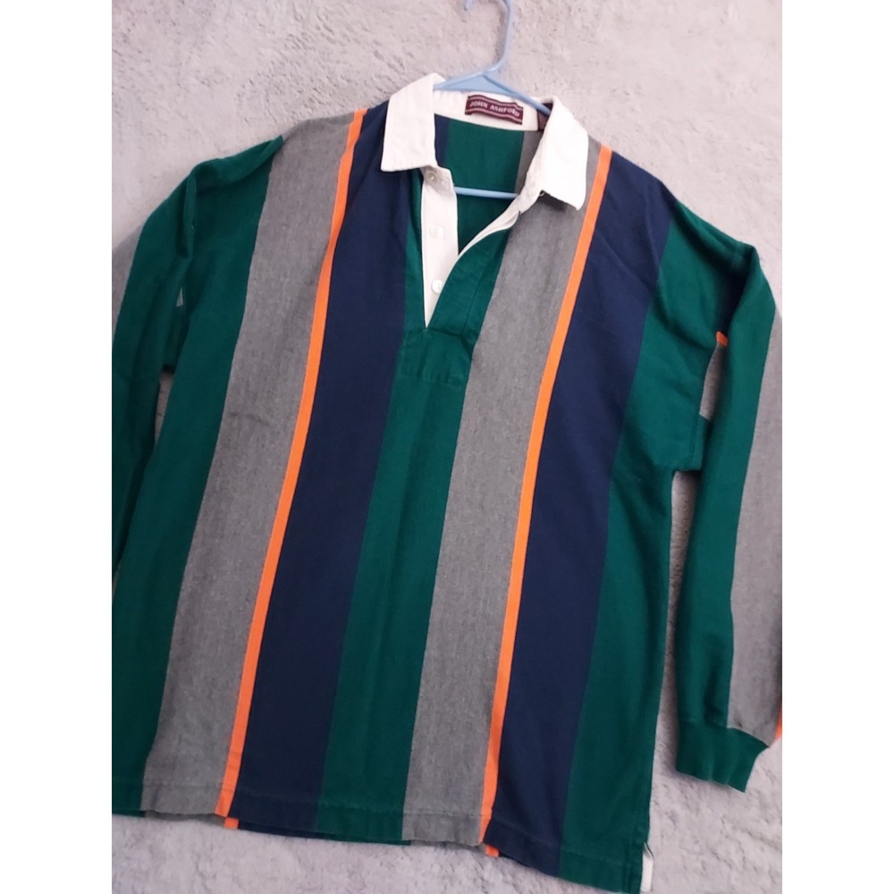 Vintage John Ashford Rugby Shirt Mens Medium Heavyweight Striped Contrast Collar